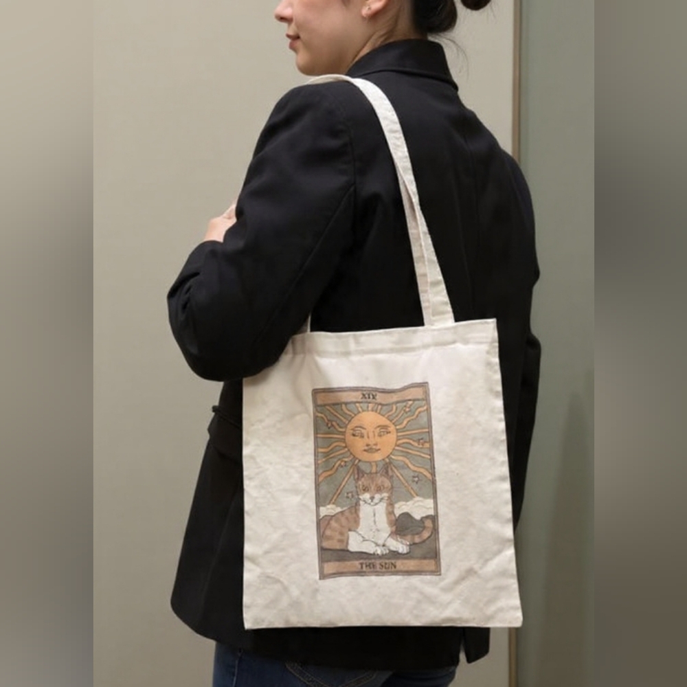 Cream Tote Canvas Book Bag with Tarot Card The Sun and Cat Design Like New